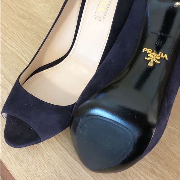 Navy suede Prada peep toe heels - Picture 6 of 6